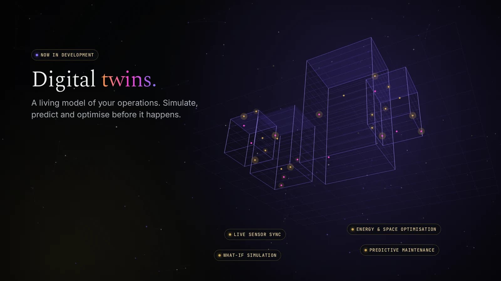Digital twins · in development: Simulate, predict and optimise operations before they happen.